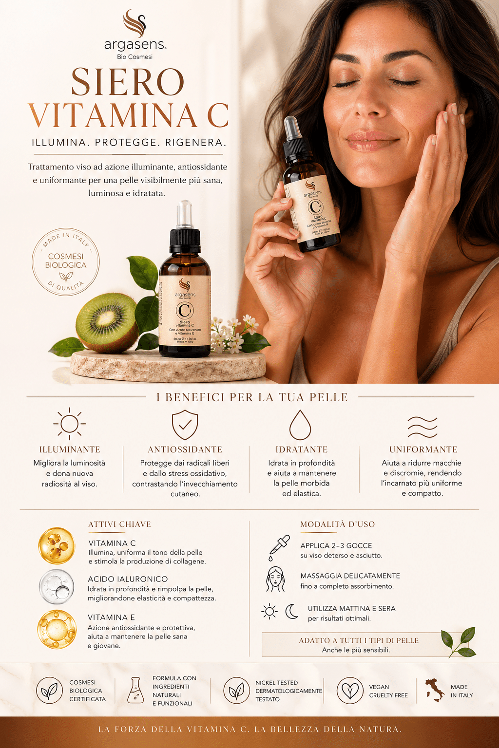 scheda tecnica siero vitamina c argasens con contagocce Siero Vitamina C Argasens in flacone con contagocce, tenuto da donna con pelle luminosa mentre applica il prodotto sul viso