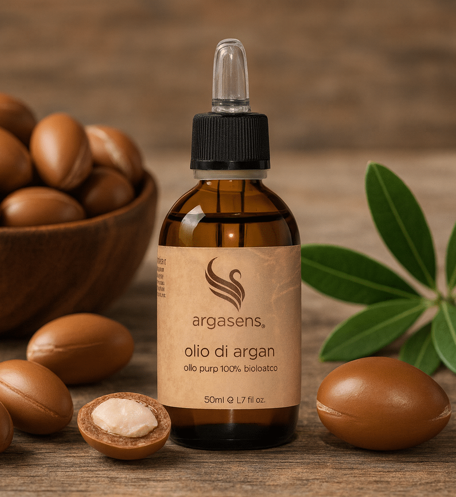 Olio di Argan puro biologico Argasens con flacone da 50ml e noci di argan naturali